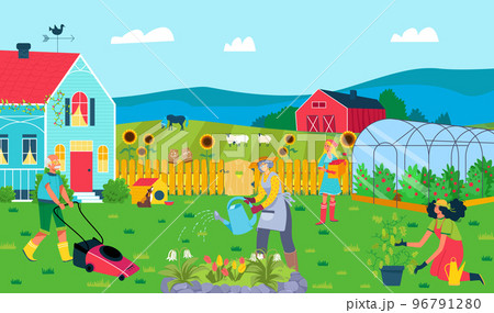 Old people with young generation work vegetable kitchen garden grow plants, outdoor farmer family care organic veggie flat vector illustration. 96791280