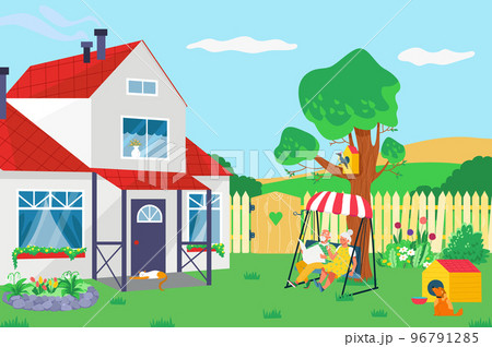 Elderly couple relax outdoor country house, lovely romantic grandma and grandpa rest in garden flat vector illustration, cozy old age. Elderly couple relax outdoor country house, lovely romantic grandma and grandpa rest in garden flat vector illustration, cozy old age. 96791285