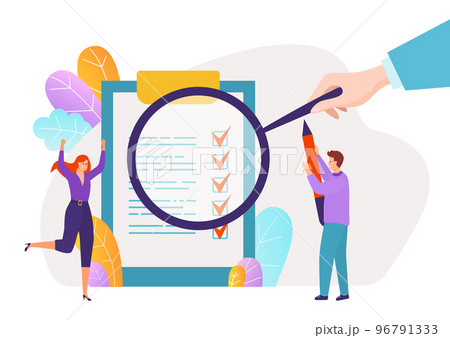 Businessman hand hold magnifying glass, to do list business time management personal productivity flat vector illustration, isolated on white. Businessman hand hold magnifying glass, to do list business time management personal productivity flat vector illustration, isolated on white. 96791333