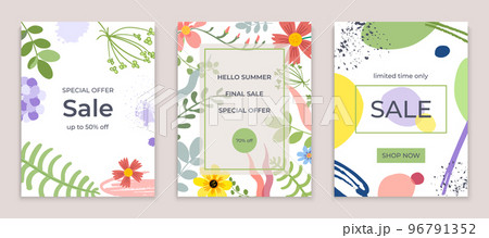 Floral geometric hello summer sale banner set, greeting postcard fashion flower design flat vector illustration, isolated on white. Floral geometric hello summer sale banner set, greeting postcard fashion flower design flat vector illustration, isolated on white. 96791352