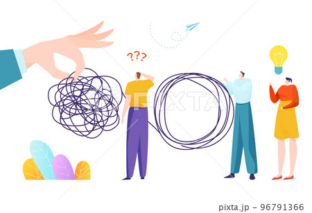Businessman hand hold tangle problem, tiny character employee business problem solution flat vector illustration, isolated on white. 96791366