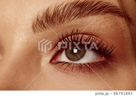 Looking up. Close up of beautiful brown female eyes. Perfect trendy eyebrow. Concept of vision, contact lenses, trendy eyebrow makeup concept. 96791895
