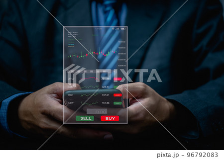 Businessman using mobile smartphone working with stock market investments to report analysis trading data. Statistic exchange graph on screen. Financial stock market. 96792083