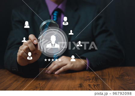 Human Resources Management Magnifier glass to search and select job applicants to work,Development recruitment leadership and job search concept HRM Human Resources Management Magnifier glass to search and select job applicants to work,Development recruitment leadership and job search concept HRM 96792098