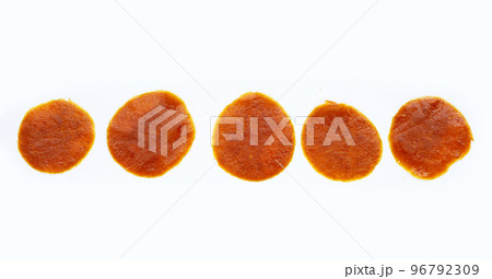 Dried mango paste sheets on white background. Dried mango paste sheets on white background. 96792309