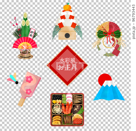 年賀状や新年挨拶用のお正月のイラストセット 年賀状や新年挨拶用のお正月のイラストセット 96793443