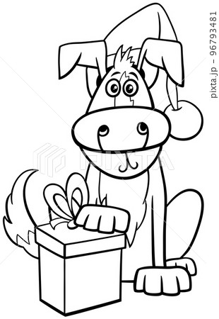comic dog with gift on Christmas time coloring page comic dog with gift on Christmas time coloring page 96793481