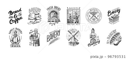 Bread, long loaf or baguette. Engraved hand drawn in old sketch and vintage style for label, logo Bread, long loaf or baguette. Engraved hand drawn in old sketch and vintage style for label, logo 96793531