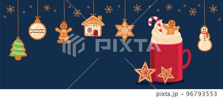 christmas card with hanging gingerbread cookies and cocoa drink 96793553
