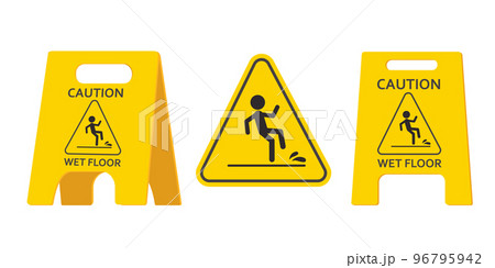 Set Wet floor caution warning sign, yellow symbol isolated on white background.Collection Public warning yellow symbol clip art. Slippery surface beware plastic board. 96795942
