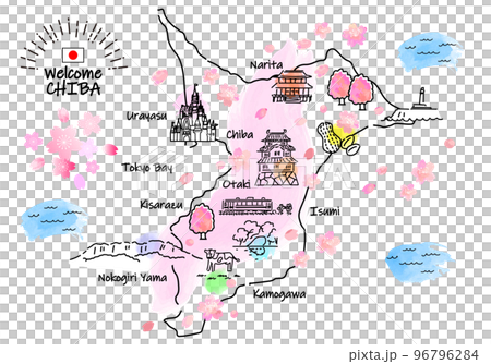 Simple line drawing illustration map of tourist spots in Chiba Prefecture in spring (green) 96796284