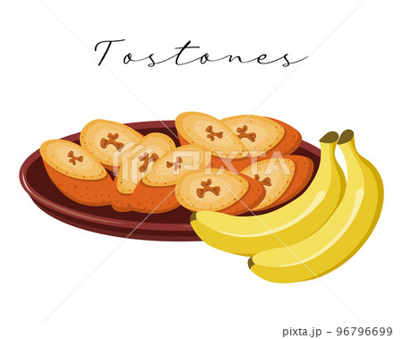 Fried bananas Tostones, Latin American cuisine. National cuisine of Mexico. Food illustration, vector 96796699