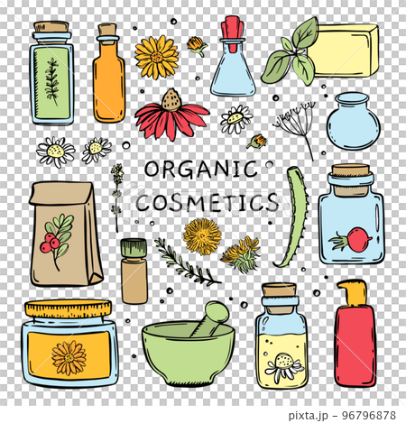 ORGANIC COSMETICS COLOR Hand Drawn Sketch Set For Design And Farmaceutics Vector Collection Of Medicinal Plants Their Elements And Packages Finished Drugs 96796878