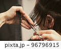 Hair care, beauty industry concept. Hairdresser doing haircut closeup of work. Hairstylist does 96796915
