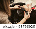 Hair salon master washing client hair at barber shop. Men's fashion and style. Hair care, beauty 96796925