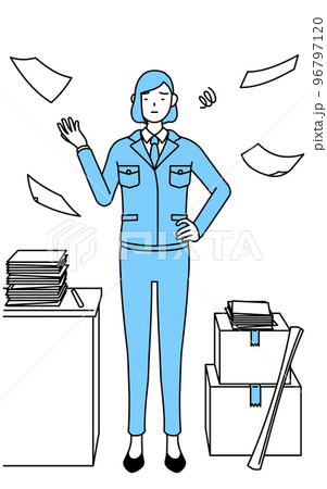 片付かない業務にうんざりする作業着を着た女性のシンプルな線画イラスト 96797120