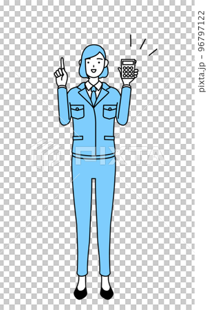 電卓を持って指さす作業着を着た女性のシンプルな線画イラスト 96797122