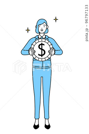為替差益やドル高のイメージ、作業着を着た女性のシンプルな線画イラスト 96797133