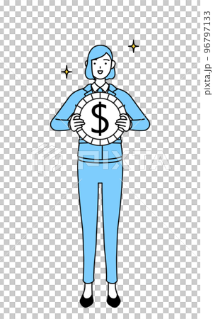 為替差益やドル高のイメージ、作業着を着た女性のシンプルな線画イラスト 96797133