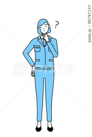 疑問を持つ作業着を着た女性のシンプルな線画イラスト 96797147