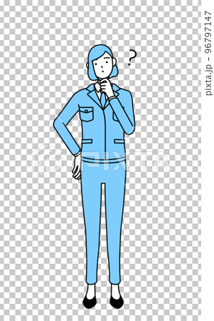 A simple line drawing illustration of a woman wearing work clothes with doubts A simple line drawing illustration of a woman wearing work clothes with doubts 96797147