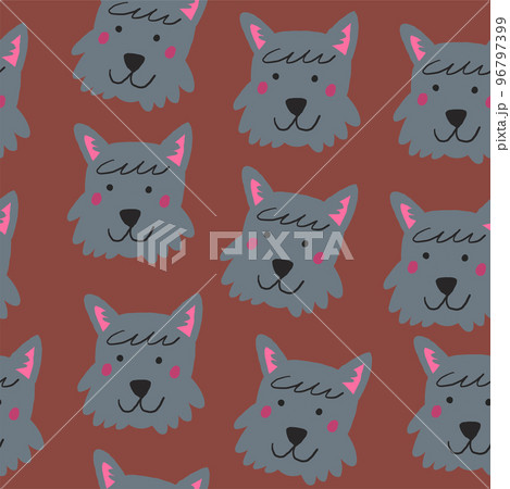 Vector seamless pattern with Scottish terrier dog faces on brown background. Vector illustration 96797399