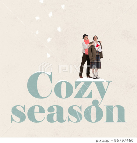 Creative design in pastel colors. Contemporary art. Caring man putting jacket on women's shoulders. Cozy winter season Creative design in pastel colors. Contemporary art. Caring man putting jacket on women's shoulders. Cozy winter season 96797460