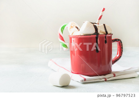 Mug of hot chocolate and cacao with marshmallows with christmas tree branches on white table. Xmas holiday. 96797523
