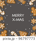 Christmas card with gingerbread cookies on grey background 96797773