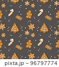 Hand Drawn Seamless Christmas Wallpaper with Gingerbread Cookies on grey background 96797774