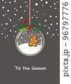 Christmas card with a glass ball and a gingerbread man on grey background 96797776