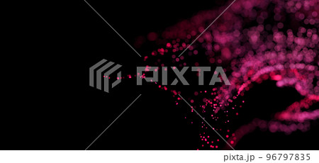Demonstrating color of 2023 Viva Magenta. 3D Render of many small purple red particles flying on black festive background. Trendy backdrop for your design. Three-dimensional illustration 96797835