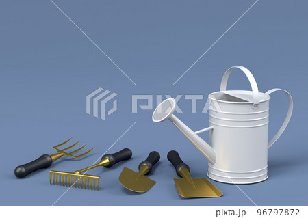 Watering can with garden tools like shovel, rake and fork on grey background. 96797872