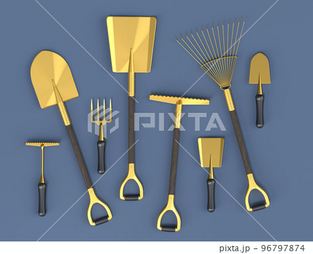 Garden shovel, pitchfork and rake on grey background, summer camping concept Garden shovel, pitchfork and rake on grey background, summer camping concept 96797874