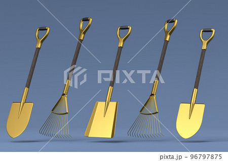 Garden shovel, pitchfork and rake on grey background, summer camping concept 96797875