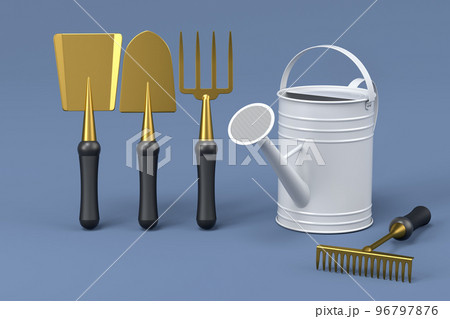 Garden shovel, pitchfork and rake on grey background, summer camping concept 96797876