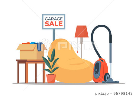 Garage sale banner with flat furniture objects arranged on the floor - house plants, guitar, books, clothes, chair and others. Flea market old stuff clutter. Vector illustration. 96798145