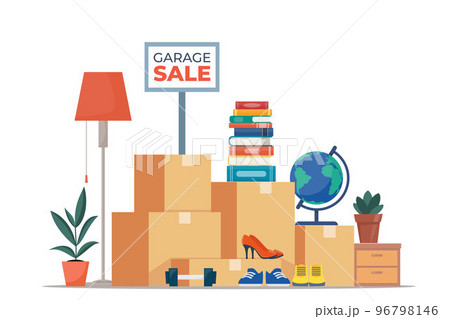 Garage sale banner with flat furniture objects arranged on the floor - house plants, guitar, books, clothes, chair and others. Flea market old stuff clutter. Vector illustration. 96798146