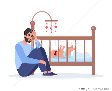 Young tired dad at night with baby crying on crib. Unhappy daddy, exhausted and stressed, next to the newborn's crib. Child is crying hysterically and pulling up the handles. Vector illustration. 96798168