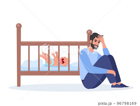 Young tired dad at night with baby crying on crib. Unhappy daddy, exhausted and stressed, next to the newborn's crib. Child is crying hysterically and pulling up the handles. Vector illustration. 96798169