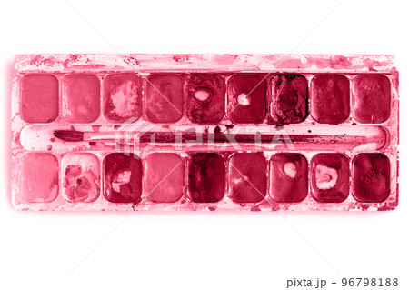 Trendy color of the year 2023. Palette old watercolor paints and brush toned in viva magenta color. Trendy color of the year 2023. Palette old watercolor paints and brush toned in viva magenta color. 96798188