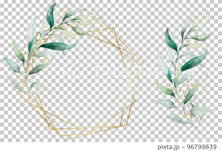 Geometric golden frame and bouquet made of green watercolor eucalyptus leaves, wedding illustration Geometric golden frame and bouquet made of green watercolor eucalyptus leaves, wedding illustration 96798639
