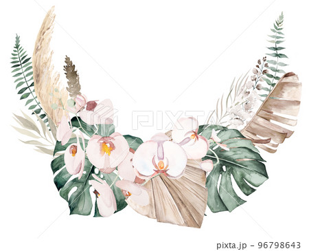 Boho Wedding Watercolor wreath with beige and teal green tropical leaves and orchid flowers illustration 96798643