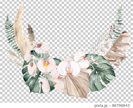 Boho Wedding Watercolor wreath with beige and teal green tropical leaves and orchid flowers illustration 96798643