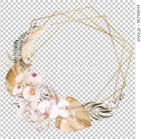 Watercolor Bohemian geometric frame made with dried tropical leaves and orchid flowers illustration Watercolor Bohemian geometric frame made with dried tropical leaves and orchid flowers illustration 96798644