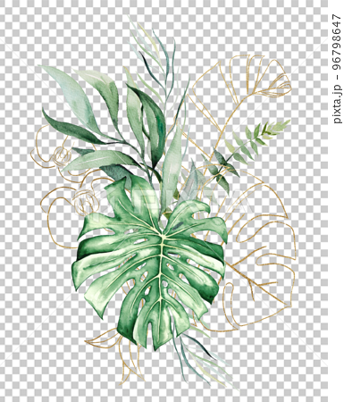 Bouquet made of Green and Golden tropical watercolor leaves, isolated wedding illustration 96798647