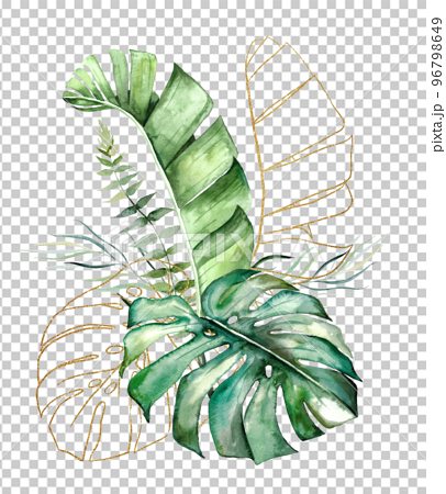 Bouquet made of Green and Golden tropical watercolor leaves, isolated wedding illustration 96798649