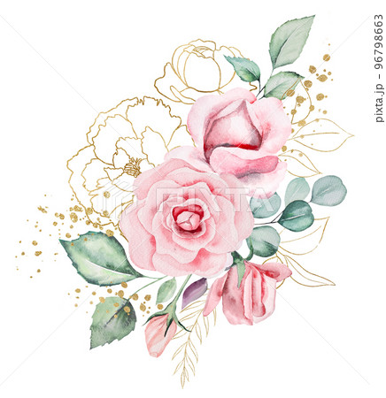Bouquet frame made of pink watercolor flowers and green leaves, wedding and greeting illustration Bouquet frame made of pink watercolor flowers and green leaves, wedding and greeting illustration 96798663
