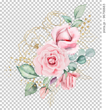 Bouquet frame made of pink watercolor flowers and green leaves, wedding and greeting illustration 96798663