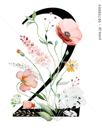 Black number 2 with watercolor wildflowers and leaves bouquet, Summer floral wedding design Black number 2 with watercolor wildflowers and leaves bouquet, Summer floral wedding design 96798664